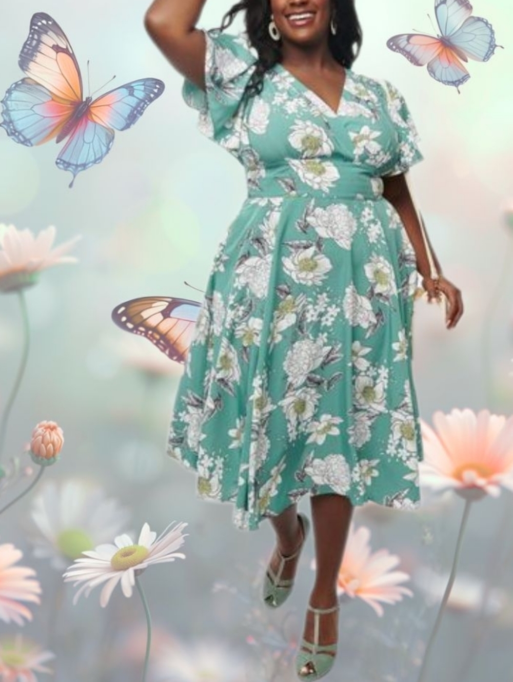Unique Vintage - Robin's Egg Blue Floral Midi Dress